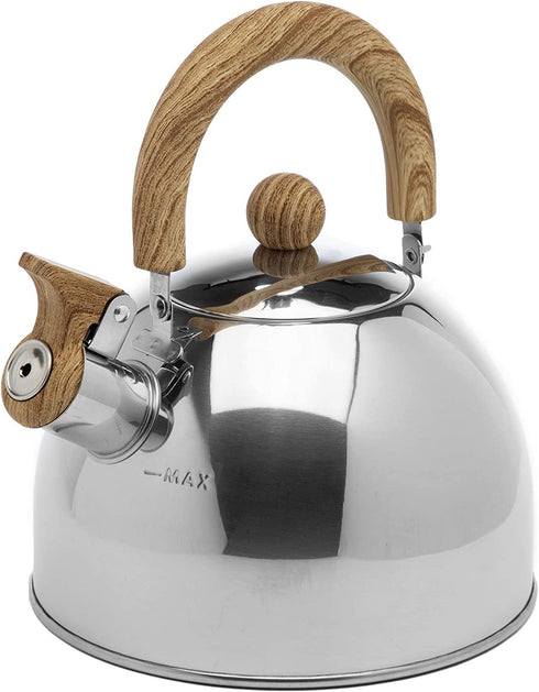 Primula Stewart Whistling Stovetop Tea Kettle Food Grade Stainless Steel, Hot Water Fast to Boil, Cool Touch Folding, 1.5 Qt, Polished Silver with Wood Handle