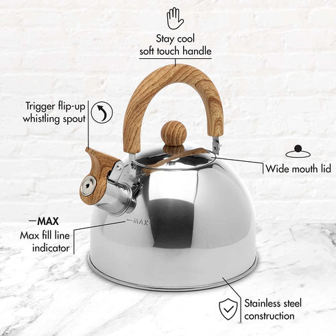 Primula Stewart Whistling Stovetop Tea Kettle Food Grade Stainless Steel, Hot Water Fast to Boil, Cool Touch Folding, 1.5 Qt, Polished Silver with Wood Handle