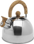 Primula Stewart Whistling Stovetop Tea Kettle Food Grade Stainless Steel, Hot Water Fast to Boil, Cool Touch Folding, 1.5 Qt, Polished Silver with Wood Handle
