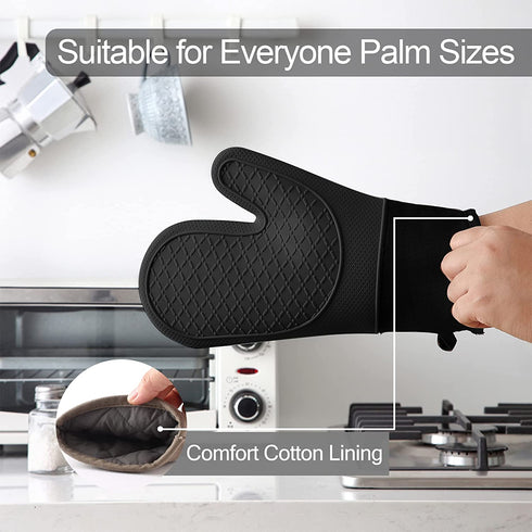 Domonic Home Oven Mitts and Pot Holders Sets, Silicone Oven Mitts Heat Resistant 600F, Soft Lining Good Grip Oven Mitts Sets, Oven Gloves and Silicone Trivet 4-Piece Set,Black