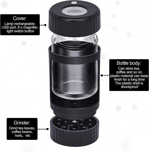 Gohfeoeo Light-Up LED Transparent Glass Seal Storage Jar with Grinder and 8x Magnifying Viewing Jar, Storage Jar and Grinding In One (Black)
