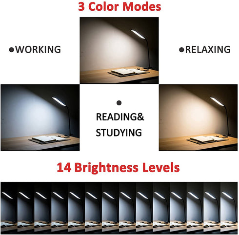 TOPESEL 5W 48 LEDs Dimmable Clip-on Led Desk Lamp, Eye-Care Flexible Gooseneck USB Clamp Reading Lamp, 3 Color Temperature, 14 Brightness Levels Table Lamp, Black