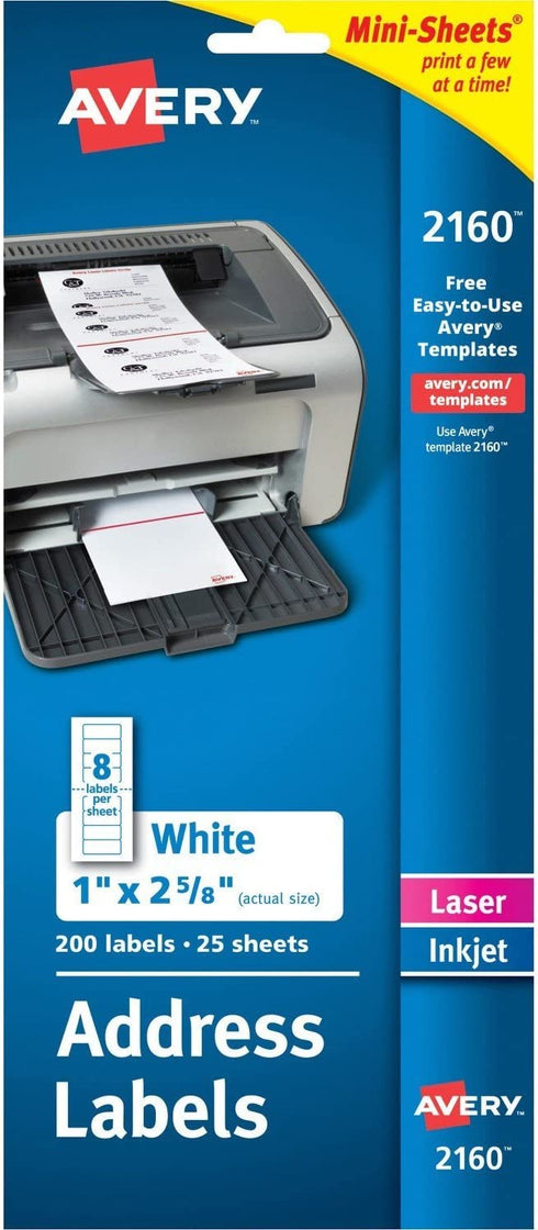 AVERY Mini-Sheets Address Labels 1 x 2-5/8, Pack of 200 (2160), White
