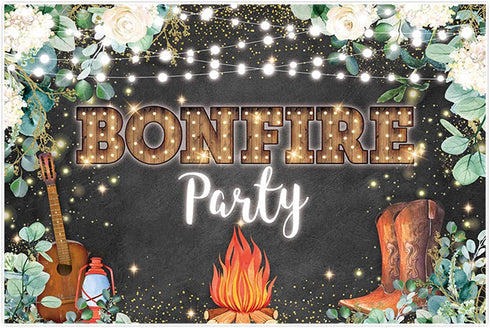 Funnytree 68" x 45" Bonfire Party Backdrop Rustic Camping Birthday Banner Camper Baby Shower Floral Bridal Shower BBQ Photography Background Decorations Cake Table Banner Photo Booth Supplies Props