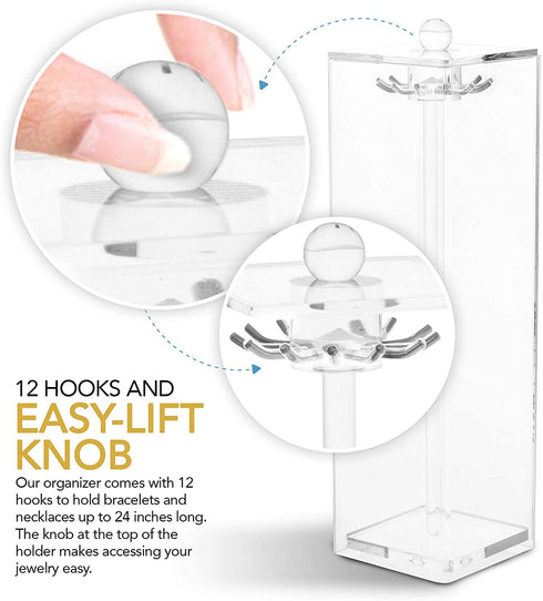 Stock Your Home Long Necklace Holder with 12 Hooks - Acrylic Jewelry Organizer Necklaces Stand and Display Case, Clear