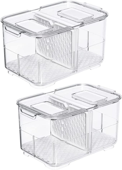 Benzoyl Lettuce Keeper Food Storage Containers Fridge Produce Saver, Stackable Refrigerator Organizer Foldable lid with Removable Drain Tray for Produce, Fruits, Vegetables 2800ML -2 Pack