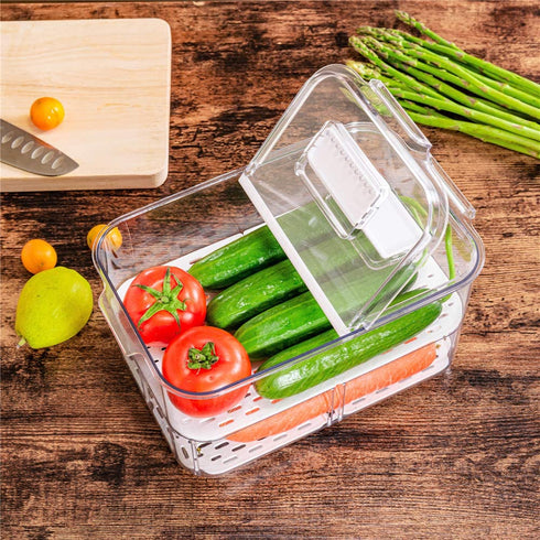 Benzoyl Lettuce Keeper Food Storage Containers Fridge Produce Saver, Stackable Refrigerator Organizer Foldable lid with Removable Drain Tray for Produce, Fruits, Vegetables 2800ML -2 Pack