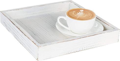 MyGift Whitewashed Wood Serving Tray with Handles | 10-Inch Decorative Farmhouse Wooden Ottoman, Coffee Table, Centerpiece Tray
