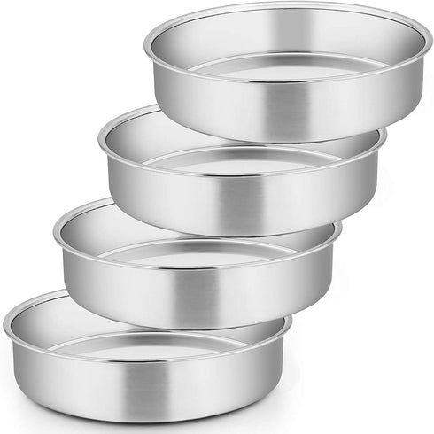 8 Inch Cake Pan Set of 4, E-far Stainless Steel Round Layer Cake Baking Pans, Non-Toxic & Healthy, Mirror Finish & Dishwasher Safe