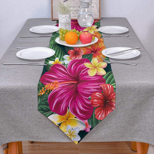 BedSweet Linen Burlap Table Runner Dresser Scarves for Dining Room Tropical Leaf Flowers Hibiscus Plumeria Floral Plant Theme Table Runners for Farmhouse Kitchen,Machine Washable 13 x 108 Inch