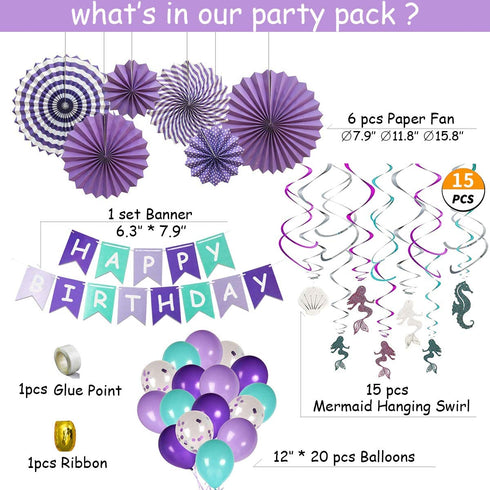 Mermaid Party Supplies, 50 pcs Mermaid Party Favors - Banner, Balloons, Hanging Swirl, Foil Curtains, Paper Fans, Sea Theme Decorations for Girl's Party and Baby Shower Party