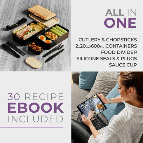 Premium Bento Lunch Box in 8 Modern Colors - 2 Compartments, Leak-proof - Includes Divider, Cutlery & Chopsticks - 40oz Japanese Bento Box for Adults & Kids - Zero Waste & Food-Safe