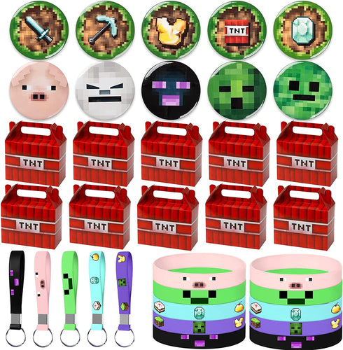 Pixel Style Birthday Party Supplies,40pcs Miner Theme Party Decorations Set,Include 10 Button Pins,10 Key Chains,10 Gift Boxes for Kids,Best for Fill Up the Goodie Bags for Miner Themed Party Favors