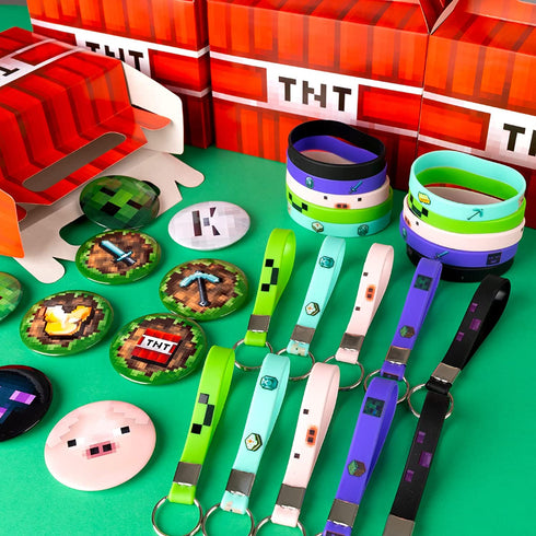 Pixel Style Birthday Party Supplies,40pcs Miner Theme Party Decorations Set,Include 10 Button Pins,10 Key Chains,10 Gift Boxes for Kids,Best for Fill Up the Goodie Bags for Miner Themed Party Favors