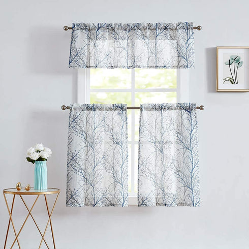 FMFUNCTEX White Valance Curtains for Windows Print Tree Branch Semi-Sheer Valance Grey/Blue,1 Panel, 50? Width x 15" Length