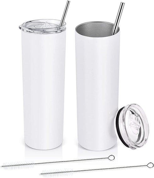 Stainless Steel Skinny Tumbler, Skinny Travel Tumbler, Double Wall Insulated Tumbler with Lid Straw, 20 Oz Slim Water Tumbler Cup, Vacuum Tumbler Travel Mug for Coffee, Beverages, Tea (2 Pack, White)