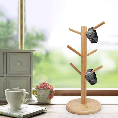 Bamboo Mug Holder Tree, Coffee Mug Rack, Hanging Coffee Cup Holder for Counter, Coffee Bar Organizer Accessories, Coffee Stands for Kitchen, Tea Cup Holder with 6 Hooks Mug Storage Shelf (1 Pack)