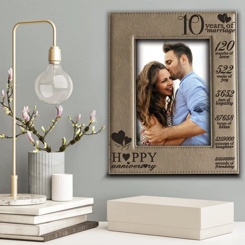 Bella Busta-Happy 10th Anniversary-10 Years of Marriage, Months, Weeks, Days, Hours, Weeks, Minutes, Seconds-10 years anniversary-Engraved Leather Picture Frame (4"x 6" Vertical)