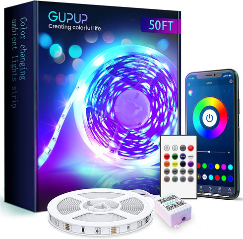 Gupup Bluetooth LED Strip Lights 50ft,Color Changing LED Lights for Bedroom,Built-in-Mic,Music Sync LED Light Strips,Phone Smart Controlled(APP+Remote+Mic)