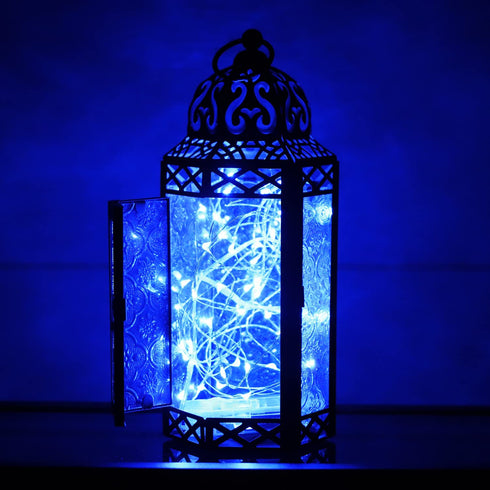 Vela Lanterns Moroccan Candle Lantern Decorative Holder with Blue LED Fairy String Lights, Medium