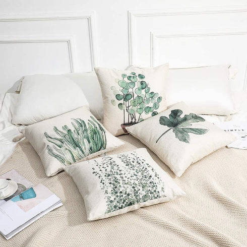 Monkeysell Decorative Throw Pillow Covers, 4 Pack of Green Plant Pattern Cotton Linen Throw Pillow Case Cushion Cover Home Décor Sofa Decorative Pillow 18 X 18 Inch (Green Plant)