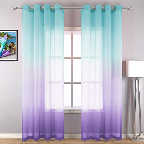 Lilac Turquoise Curtains for Bedroom Girls Room Decor 2 Panels Beautiful Elegance Ombre Window Sheer Grommet Curtains for Girls Mermaid Gift Party Birthday Decoration Green Purple 52 x 84 Inch Length