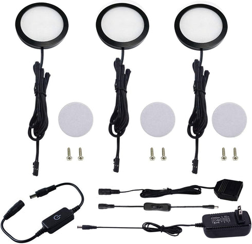 AIBOO Under Cabinet LED Black Cover Puck Lighting Kit with Touch Dimmer Switch for Kitchen Cupboard Closet Lighting (3 Lights,Daylight White)
