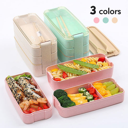 Ozazuco Bento Box Japanese Lunch Box,3-In-1 Compartment - Wheat Straw, Leakproof Eco-Friendly Bento Lunch Box Meal Prep Containers for Kids & Adults?14pcs?pink?