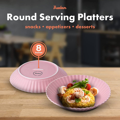 Bruntmor Set of 4 Elegant Matte 8" Round Ceramic Restaurant Serving Inner Fluted Dessert Salad Plates, Pink