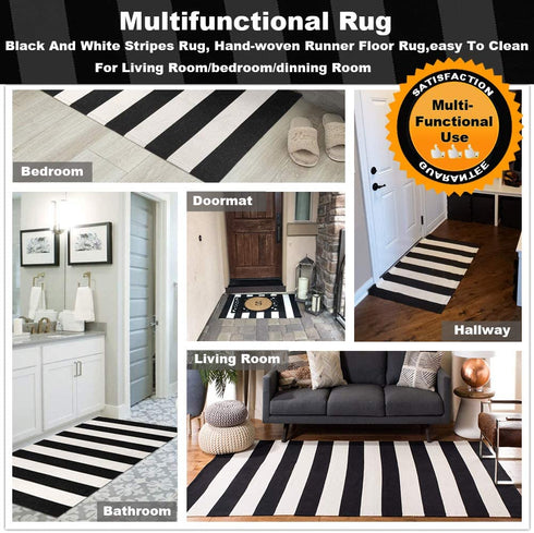 KaHouen Cotton Black and White Striped Rug ( 27.5 x 43 Inches ), Washable Hand-Woven Stripe Outdoor Front Door Mat for Layered Door Mats/Porch/Kitchen/Bathroom/Laundry Room.