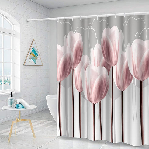 Artsbay Floral Shower Curtain Modern Elegant Pink Tulip Flower Design Art Print Bath Curtain Home Apartment Pink and Gray Fabric Bathroom Accessories Set