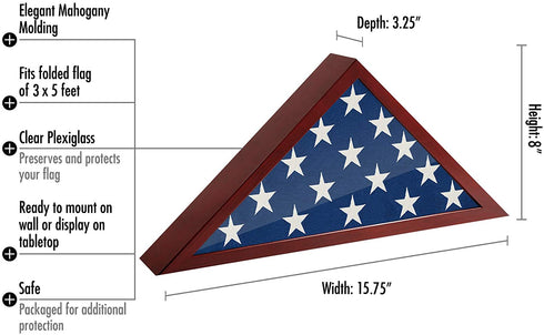 Americanflat Flag Case for Veterans - Fits a folded 3' x 5' American Military Flag - Triangle Display with Polished Plexiglass (Mahogany)