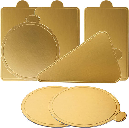 Dicunoy 300PCS Mini Cake Boards, 3" Gold Circle Paper Cupcake Dessert Displays Base Tray, Mousse Cake Plates for Parties, Wedding, Birthday, Restaurant Buffet, Round, Triangle, Rectangular