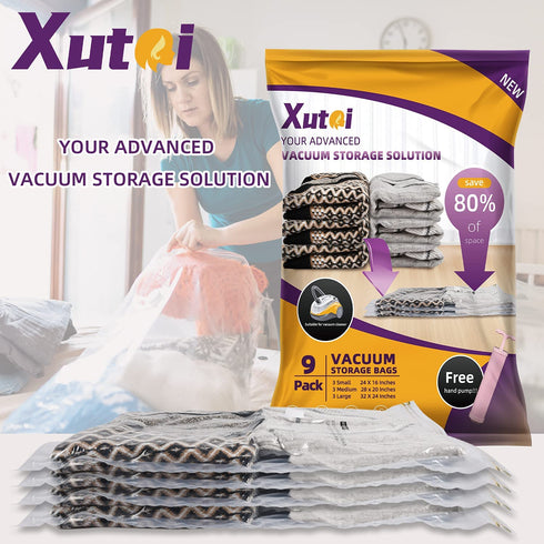 XUTAI Vacuum Storage Bags - 9 Packs Space Saver Bags Vacuum Storage Bags (3 Large, 3 Medium, 3 Small ) with Pump, 80% More Storage! Large Vacuum Sealer Bags for Clothes, Comforters, Blanket, Bedding