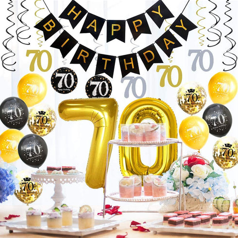 HankRobot 70th Birthday Decorations Party Supplies?42pack? Gold Number Balloon 70 Happy Birthday Banner Latex Balloons(Black, Golden) Confetti Balloons -Great for 70 Seventy Years Old Birthday Party