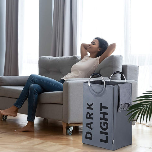Double Laundry Hamper with Comfortable Handle, Waterproof Oxford Cloth Laundry Basket,Self-Standing Clothes Hamper,Folding Storage Organizers for Dorm Room (Dark Gray)