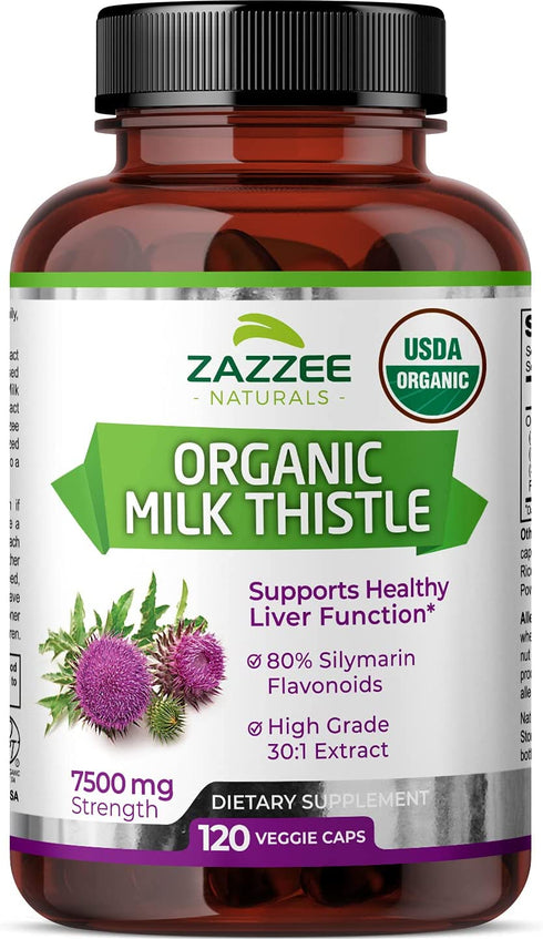 Zazzee USDA Organic Milk Thistle Extract Capsules, 120 Vegan Capsules, 7500 mg Strength, 80% Silymarin Flavonoids, Potent 30:1 Extract, USDA Certified Organic, Vegan, Non-GMO and All-Natural