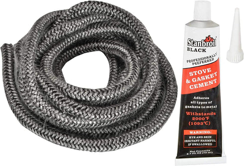 Stanbroil Graphite Impregnated Fiberglass Rope Seal and High Temperature Cement Gasket Kit Replacement for Wood Stoves - 1/4" x 84"