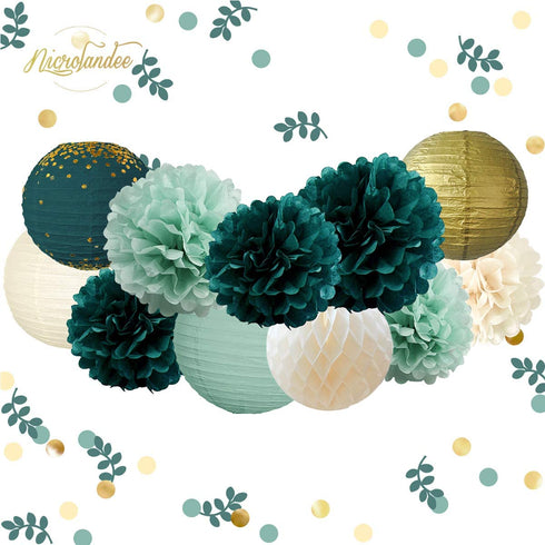 NICROLANDEE Wedding Party Decorations - 12PCS Green Hanging Tissue Pom Poms Gold Foil Dots Paper Lantern Confetti 30G for Rustic Style Bridal Shower Birthday Botanical Baby Shower Decorations