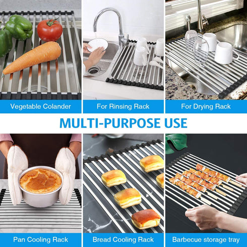 Dish Drying Rack 17.5" x 15", G-TING Over Sink Roll Up Large Dish Drainers Rack, Multipurpose Foldable Kitchen Sink Rack Mat Stainless Steel with Silicone Rims for Dishes, Cups, Fruits Vegetables