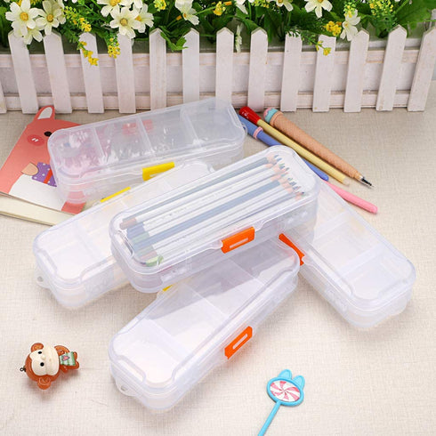 BTSKY Clear Double Deck School Pencils Box- Stationery Box Adjustable Small Pencil Case Organizer Durable Plastic Pen Holder Box with 4 compartments for Small School Supplies Organization(5 Pack)