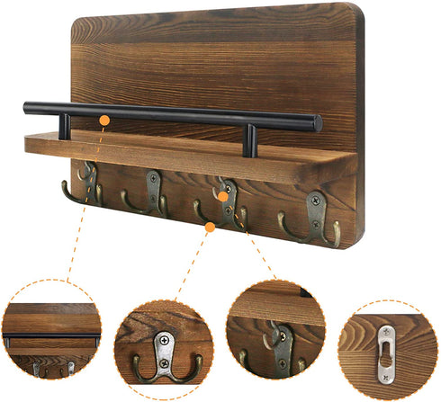AilyHooms Key Holder Wall Mounted Mail Holder with 10 Hooks and 2 Wooden DIY Keychains - Wooden Decorative Key Hanging Rack Mail and Key Organizer Rustic Wall Shelf Decor, 12'' x 7'' x 3''