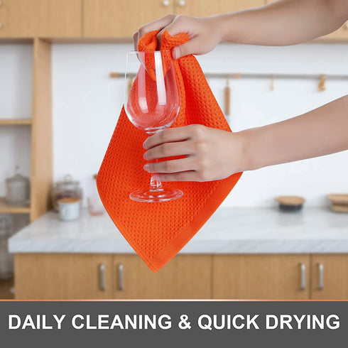 Kitinjoy 100% Cotton Waffle Weave Kitchen Towels, 13 x 28 Inches, Super Soft and Absorbent Dish Towels for Drying Dishes, 4-Pack, Orange