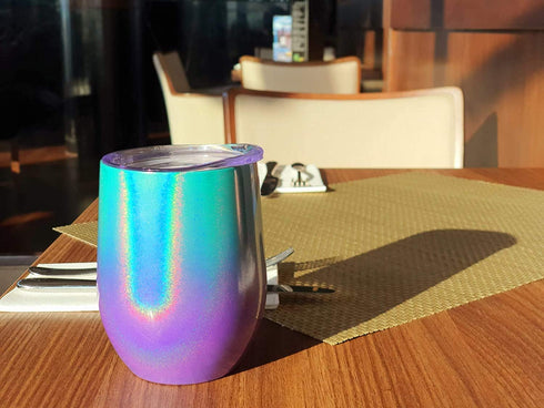 CHILLOUT LIFE Stainless Steel Wine Tumblers 2 Pack 12 oz - Double Wall Vacuum Insulated Wine Cups with Lids and Straws Set for Coffee, Wine, Cocktails (Mermaid Sparkle)