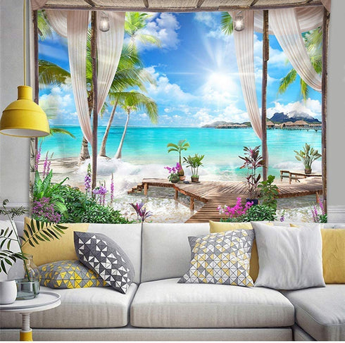 Beach Decor Tapestry, Ocean Sea Tropical Island Palm Tree Scenic View From Balcony Summer Tropical Scenery Wall Hanging Nature Tapestry For Bedroom Living Room Dorm.78x58Inch