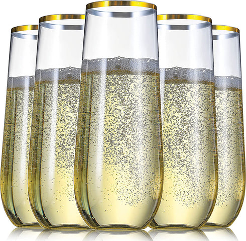 36 Pack Plastic Stemless Champagne Flutes, 9 oz Clear Drinking & Toasting Glass with Elegant Gold Rim, Disposable Drinkware for Wine, Cocktails, Sparkling Water, Mimosas