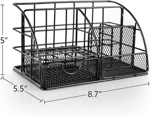 AUPSEN Desk Organizer, Mesh Office Supplies Desk Accessories, Features 5 Compartments + 1 Mini Sliding Drawer(Black)