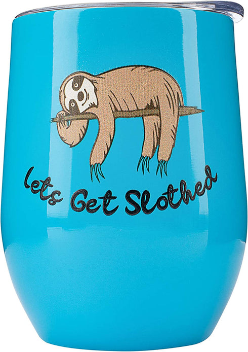 Sloth Gifts Lets Get Slothed - 12oz Wine or Coffee Tumbler/Mug with Lid - Idea for Sloth Lovers, Men, Women, Glass, Sloths Stuff, Cup