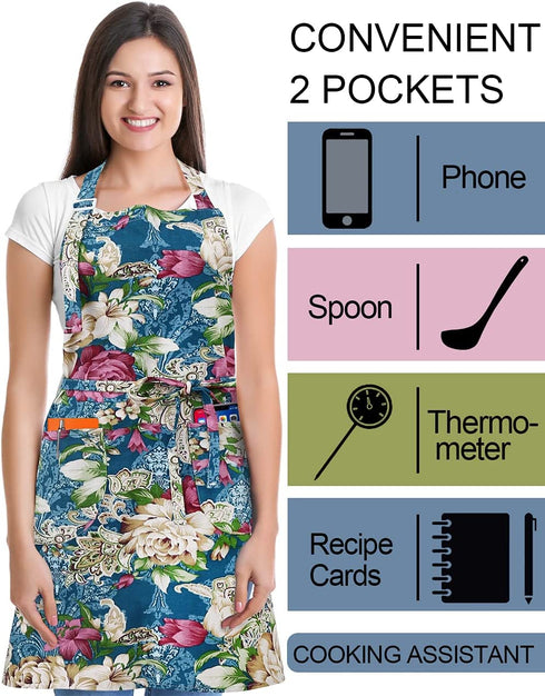 2 Pack Bib Aprons for Women Soft Cotton Linen Kitchen Cooking Chef Apron with Pockets Adjustable Machine Washable 002