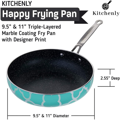 Kitchenly Nonstick Frying Pans with Lids - Granite Frying Pans with Stone Coating | Nonstick Skillet Cooking Pan Set | Electric, Gas, & Induction Compatible | 9.5 & 11 inch Pans | Turquoise - 2 Pack